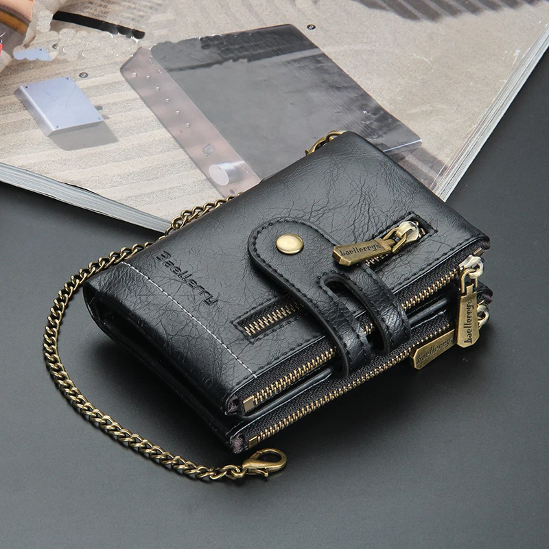 

1Pcs Men'S Short Wallet Double Zipper Coin Purse Small Card Bag With Chain Male Leather Wallets Pocket Multi-Card Slot Wallet