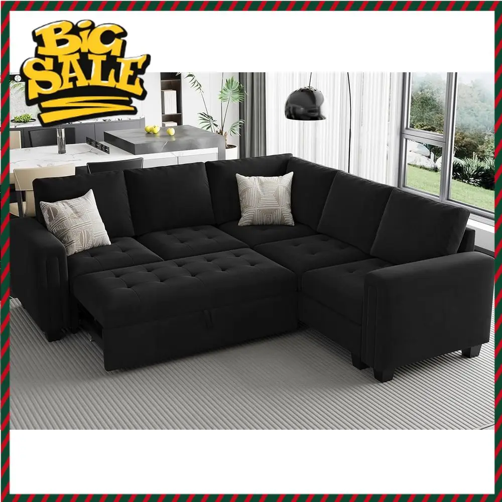 

Velvet L-Shaped Sectional Sleeper Sofa with Pull-Out Couch Bed for Living Room in BlackLimited time
