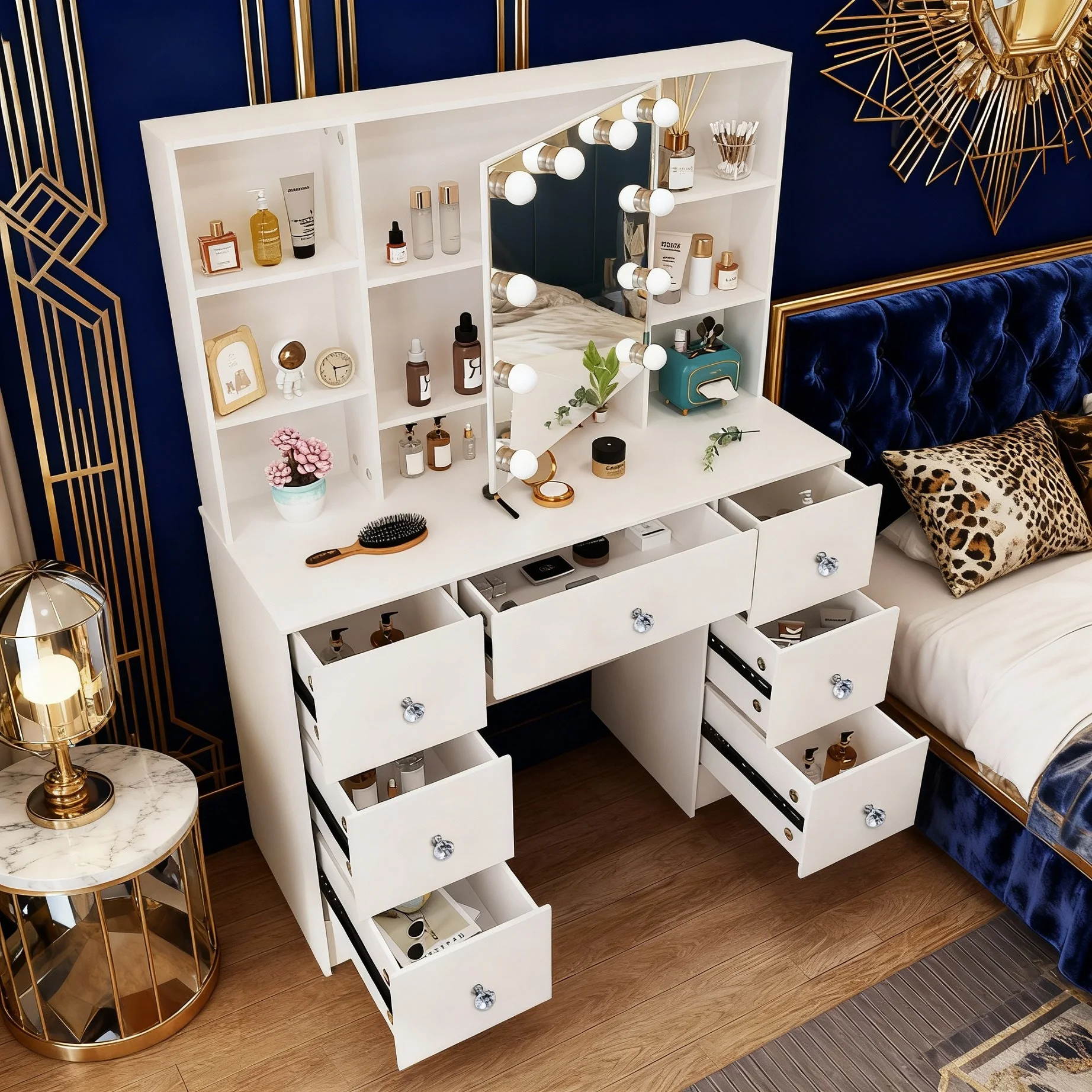 طاولة مكياج بمرآة تزيين LED مع مجموعة وحدة تزيين لغرفة النوم باللون الأبيض مكونة من 7 أدراج #2