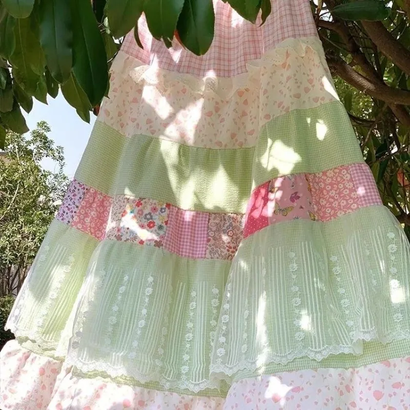 Vintage Chic Mori Girl Style Splicing Print Maxi Skirt Sweet Cute Kawaii High Waist Lace Edge A-line Loose Long Skirts for Women
