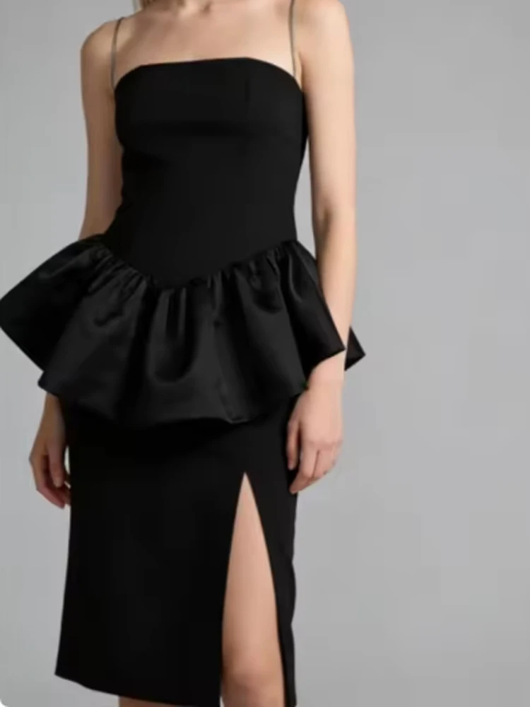 

Women Fashion Ruff Patchwork Solid Gown Outfits Sexy Backless Slim 2Pc Suit Elegant Off Shoulder Sleeveless Top & Mini Skirt Set