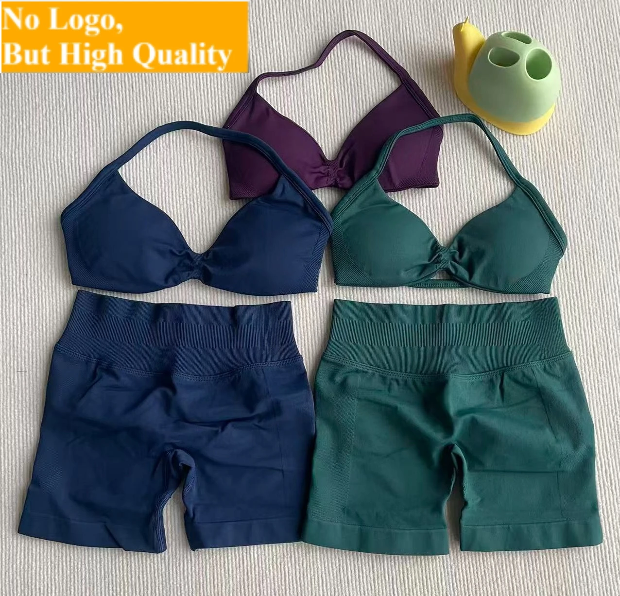 Conjunto Deportivo de 2 Piezas SIN LOGO para Mujer, Top Deportivo con Tirantes, Shorts de Cintura Alta con Efecto Scrunch, Traje Deportivo Sin Costuras para Yoga y Fitness