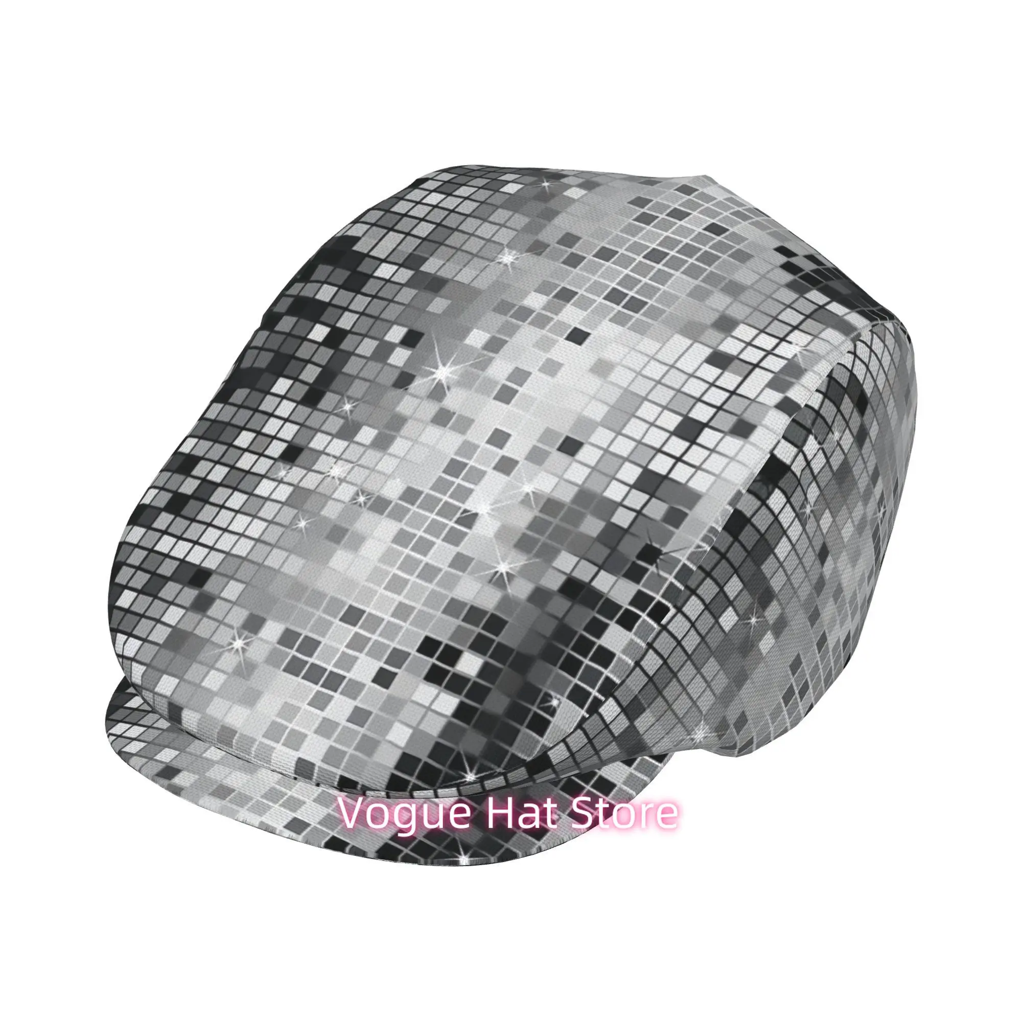 1pc Black White Disco Mosaic Pattern All-over printed beret, men and women Adjustable Flat Cap suitable for all seasons Newsboy