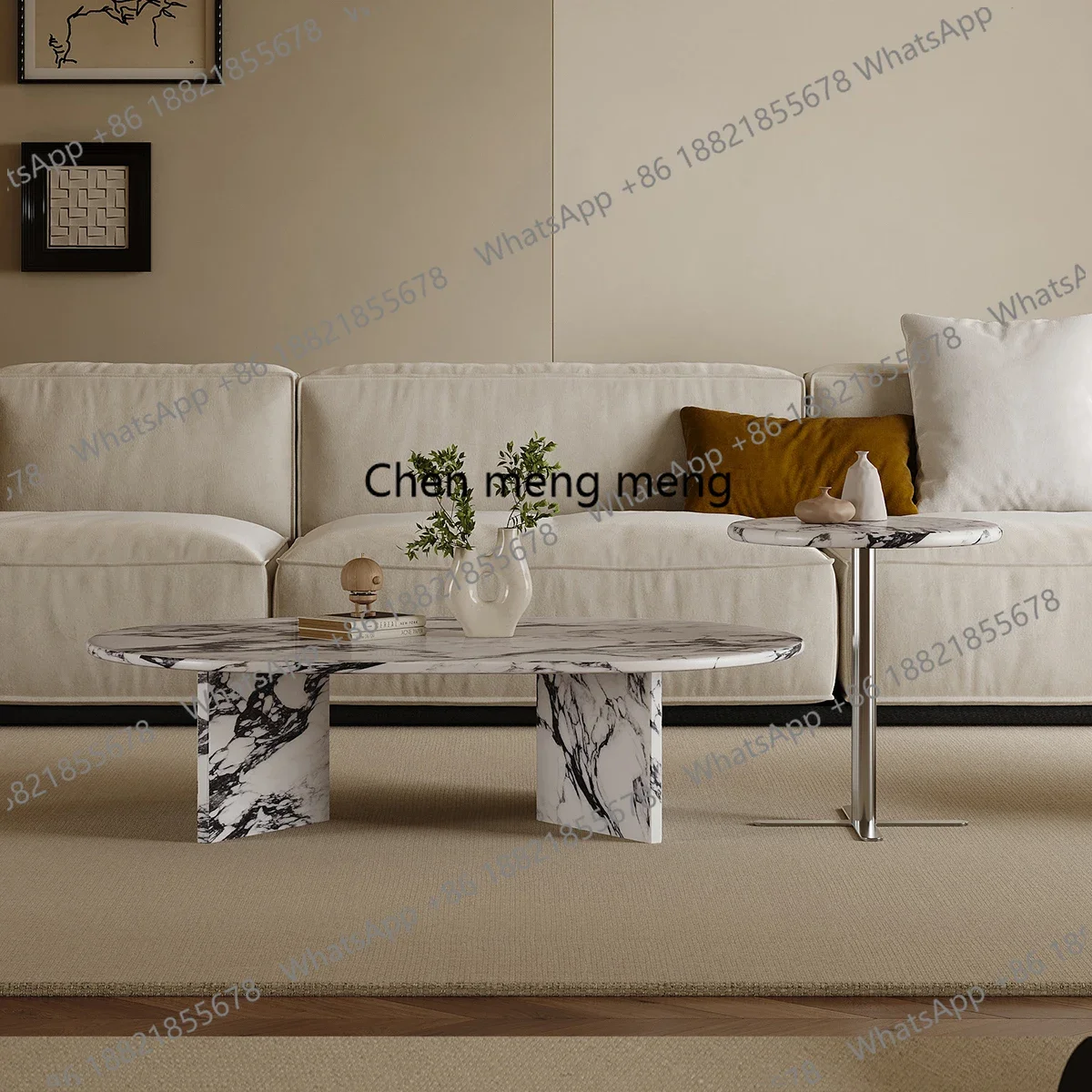 Y183 French Cream Marble Coffee Table, Round Vintage Luxury Designer End Table for Living Room, Modern Natural Stone Table​