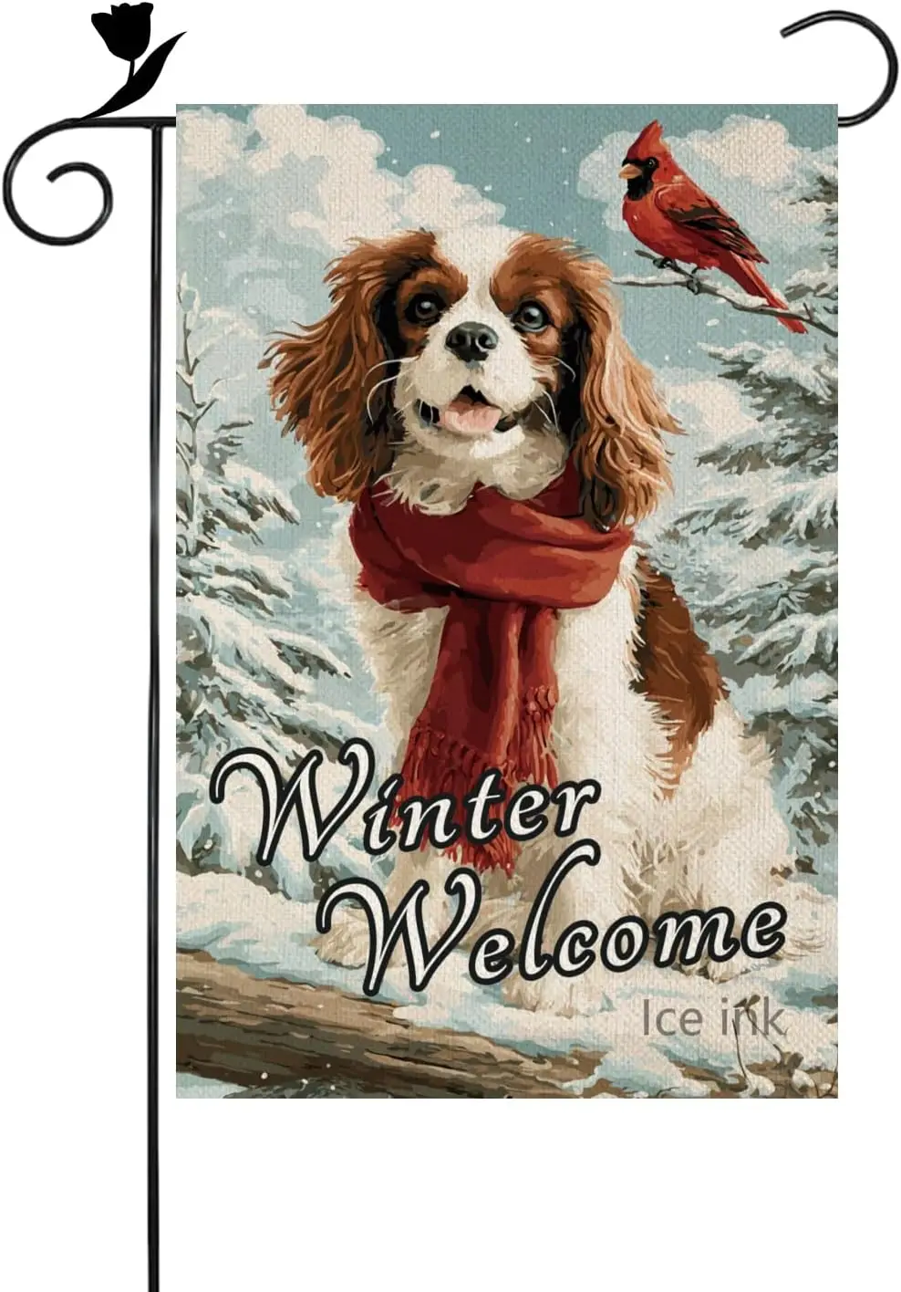 Ice ink Welcome Winter Garden Flag 12 x 18 Inch Double Sided Burlap Cavalier King Charles Spaniel With Cardinal Yard Banner  PPZ