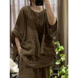 2023 Retro Button New Women Loose Ramie Shirts and Tops Spring Summer Vintage Style Solid Color Loose Female Blusas Femininas