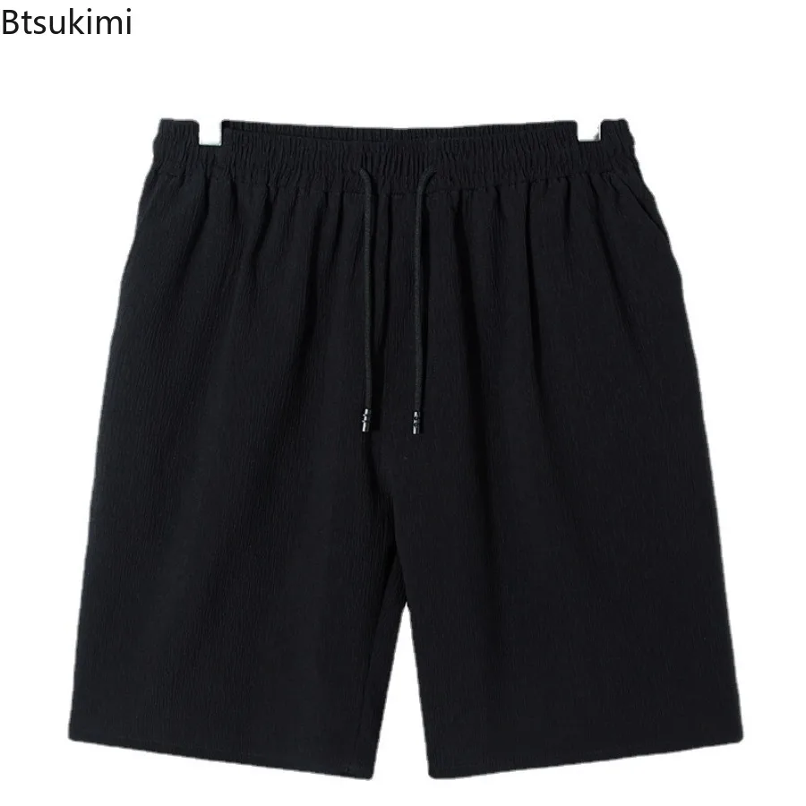 New 2025 Men's Summer Linen Casual Shorts Loose Solid Color Waist Tie Middle Pants for Men Cotton Linen Knee Length Pants Male