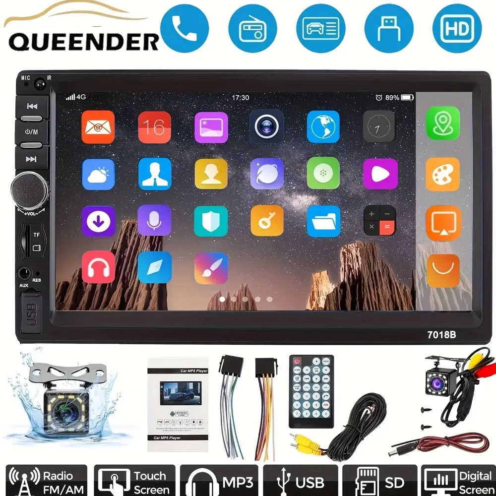 

QueenDer 2-диночный автомобильный стерео MP5-плеер — сенсорный экран, USB/TF/AUX, зеркальная связь и резервная камера