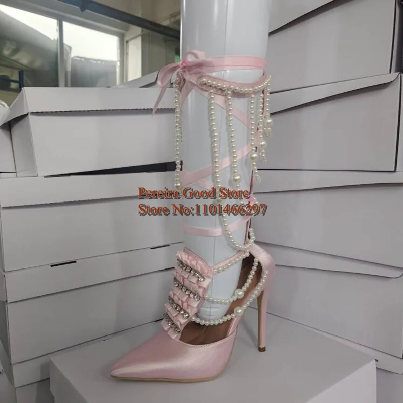 Newest Pearl Fringe Ribbon Lace Up Women Pumps Pink Satin Pointed Toe Crystal Ruffles Hollow Thin Heels Wedding Bride Shoes