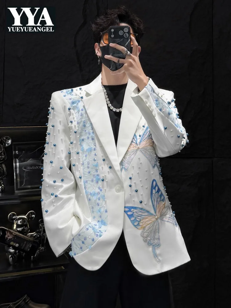 New Designer Mens Pearls Beading Butterfly Embroidery Stage Show Suit Coat Fashion Mens Party Blazer Jacket High Quality Outwear