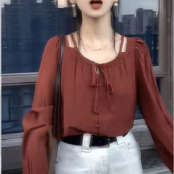 2025 Spring Women Korean Fashion Hollow Lace-up Blouse Sweet Chic Loose Commute Shirt Casual Solid Long Sleeve Tops Blusas Mujer