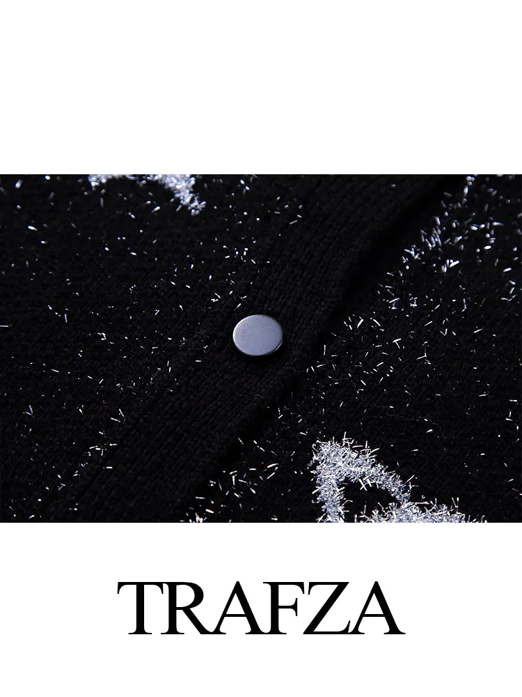 TRAFZA 2023 Long Sleeve Ribbed Cardigan Women Knitwears Black Cropped Cardigans Women Metallic Knitted Sweater Woman Cardigan