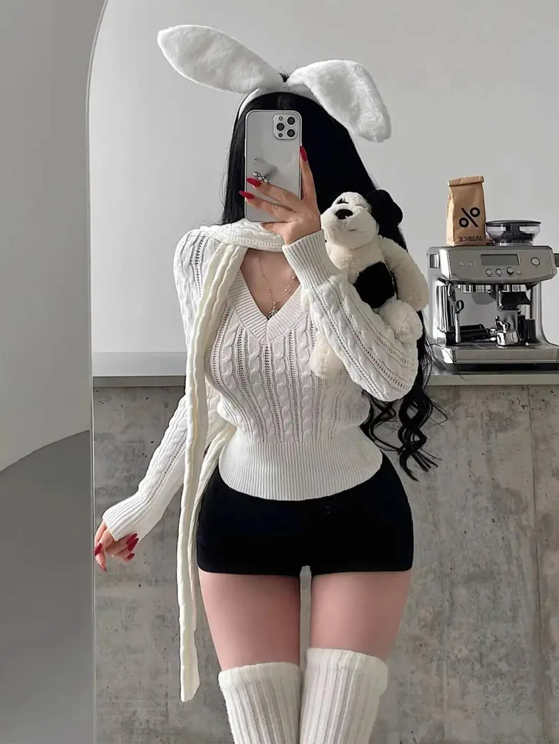 

Шарф в стиле Pure Desire с лентой и v-образным вырезом, облегающий вязаный свитер для похудения, свитер с длинными рукавами, модный сексуальный женский свитер 1Y2Q