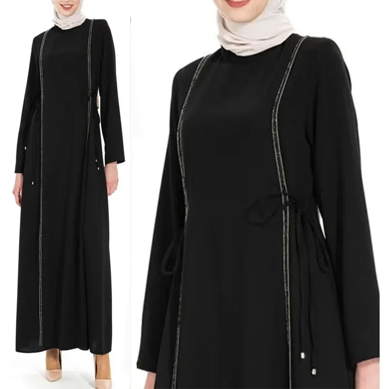 Middle Eastern Minimalist Women's Abaya Long with Round Neck Loose A-line Long Sleeved Lace Dress Jalabiya for Women