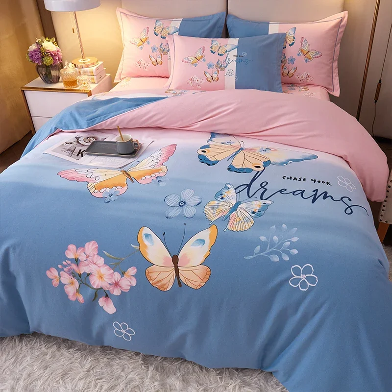 Four-piece set of pure cotton bedding, 100 polished mattress, spring and autumn thickened bed sheet quilt cover, three or four