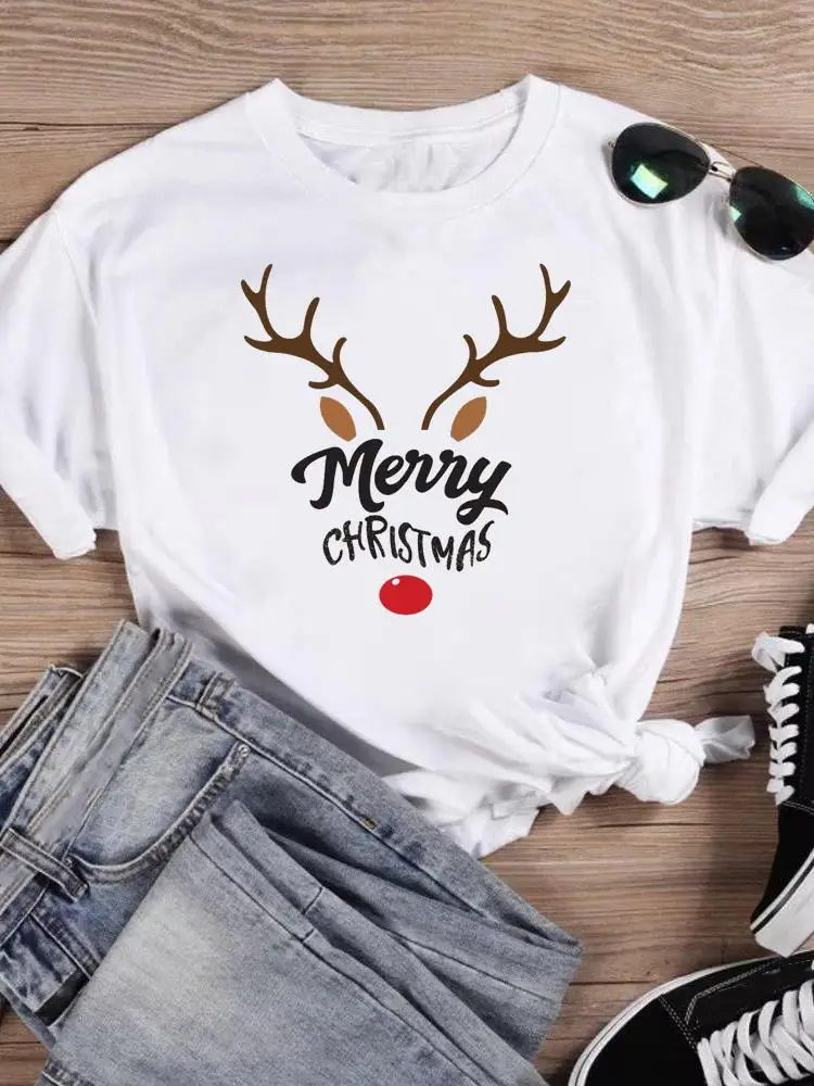 

Print T Top Women Holiday Clothing Merry Christmas Fashion Deer Face Lovely Letter Female Shirt Graphic Tee New Year T-shirts