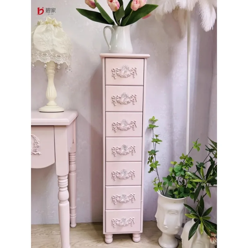 Solid wood chest, mini bedside table, small apartment, narrow slot, small cabinet, French storage cabinet, pink storage cabinet.