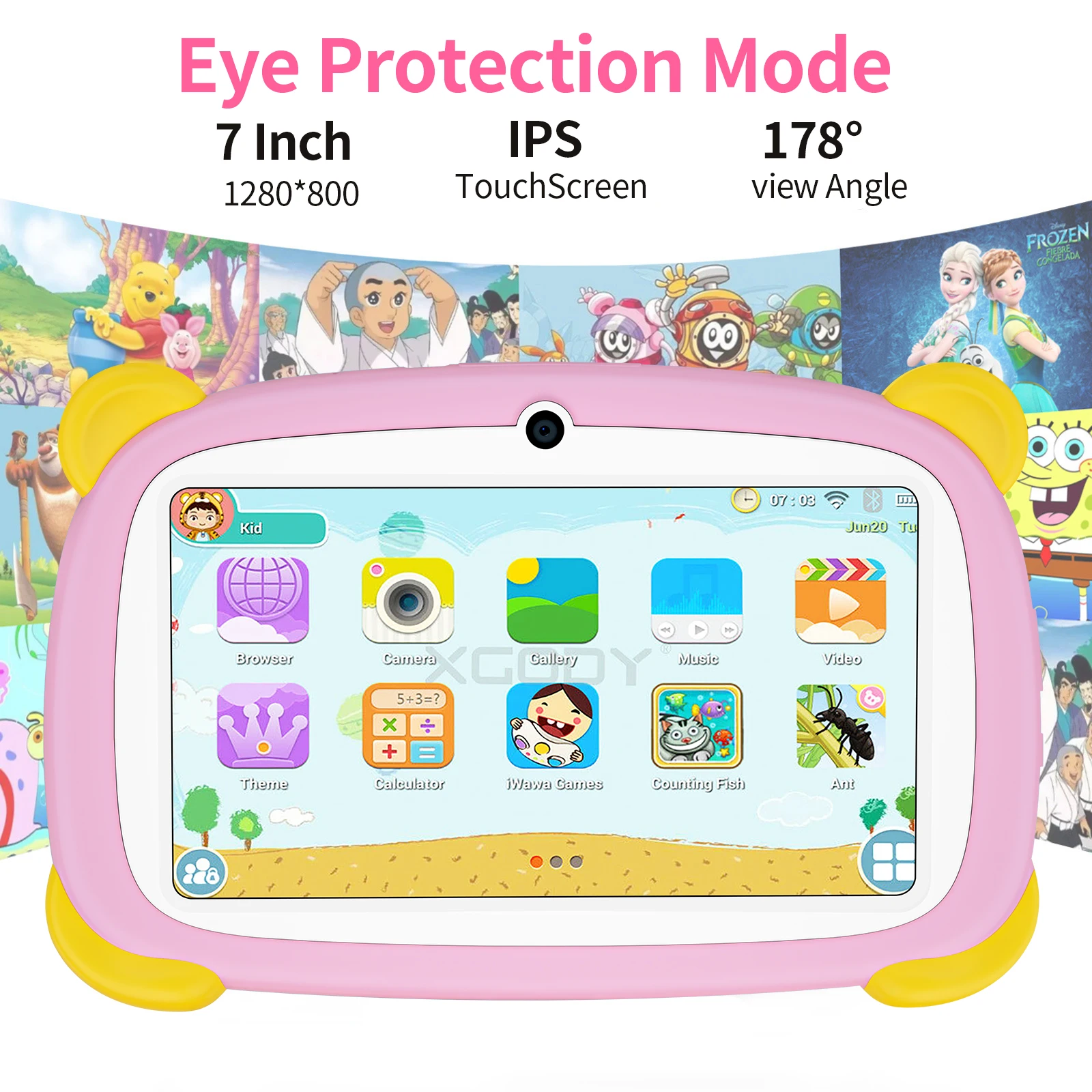 Ati Enanbones-Tablette pour enfants avec film de protection, tablettes pour enfants, éducation à l'étude, Bluetooth, WiFi, cadeau, Android 738, 32 Go, 7 pouces