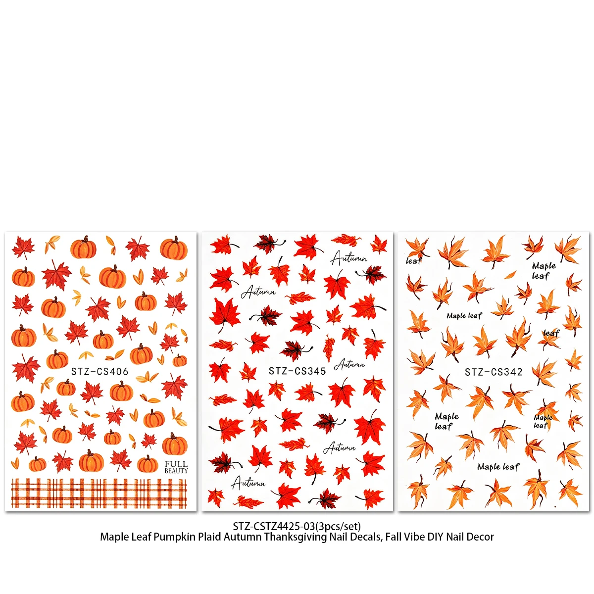 3pcs Fall Maple Leaf Pumpkin Nail Stickers, Thanksgiving Decals, DIY Art Decor, Nail Tech Supplies for Autumn Parties