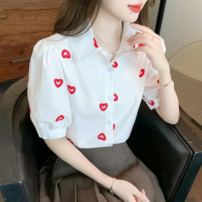 French Style Korean Commuter 2024 Summer New Blouses Women\'s Loose Patchwork Printed Button Polo Collar Short Sleeve Shirt Tops