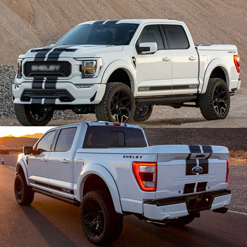 

Sport Matte Black Front Engine Hood Roof with Side Body Skirt Wasit Line Stripes Decal Wrap Sticker for Ford Raptor F-150 2022