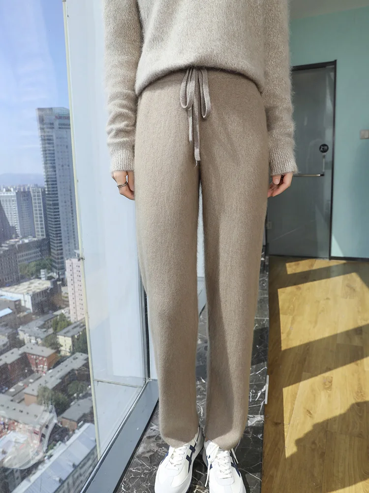 100% Pure Mink Cashmere Small Legs Pants Women Lace-up Elastic Waist Knitted Haren Pants Casual Warm Trousers New Thick Leggings