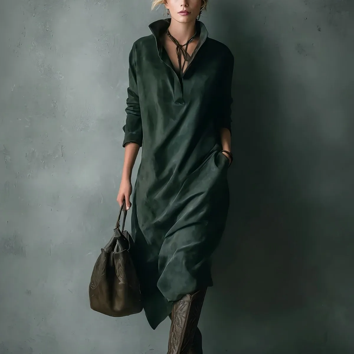 

Vintage Solid Suede Female Clothing Autumn Fashion Turn-down Collar Pullover Dress Winter Long Sleeve Woman Party Dress Vestido