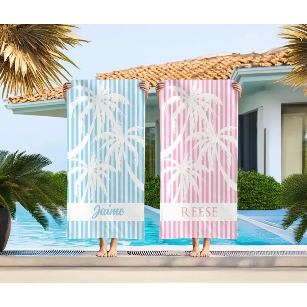 Personalized Beach Towels Palm Tree Striped Girls Trip Custom Beach Towel With Name Kids Pool Party Towel Family Vacation