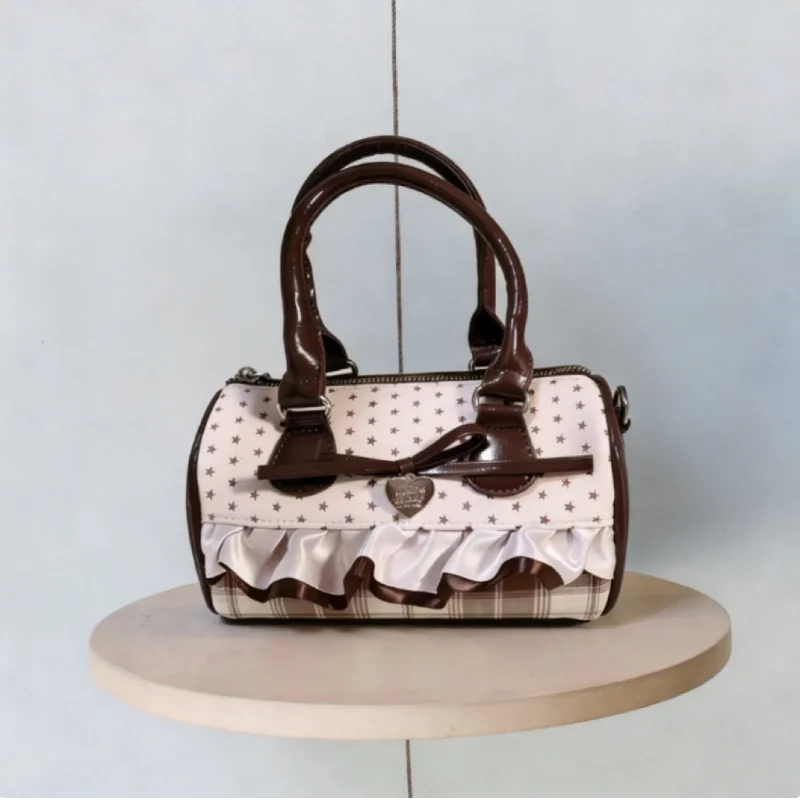 

Korean Vintage Boston Handbag Women Cute Lace, Checks, Bows Small Pillow Bag Zipper Crossbody Bag Fashion Round Dot Underarm Bag