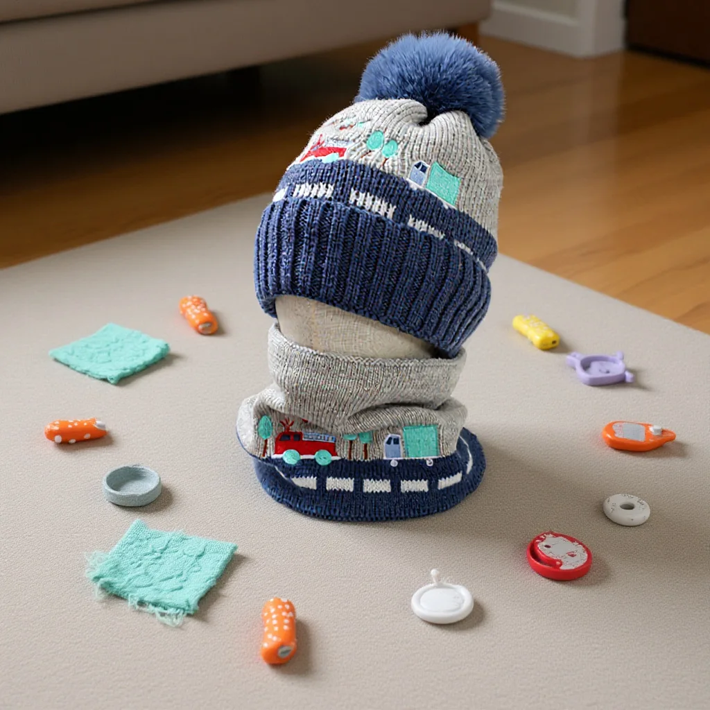 Children's Velvet Beanie Hat Snood Set Embroided Car Plus Velvet Double Layer Warm for Boys Beanies with Pompom Ski Kids Hats