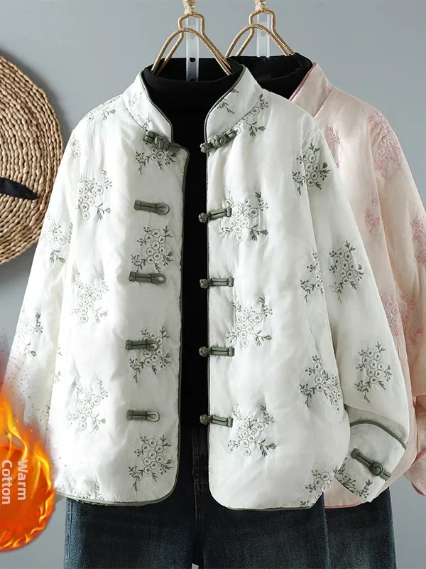 

New Brand Chinese Style Embroidered Cotton Jacket Women's Loose Lightweight Vintage Button up Warm Slimming Outerwear
