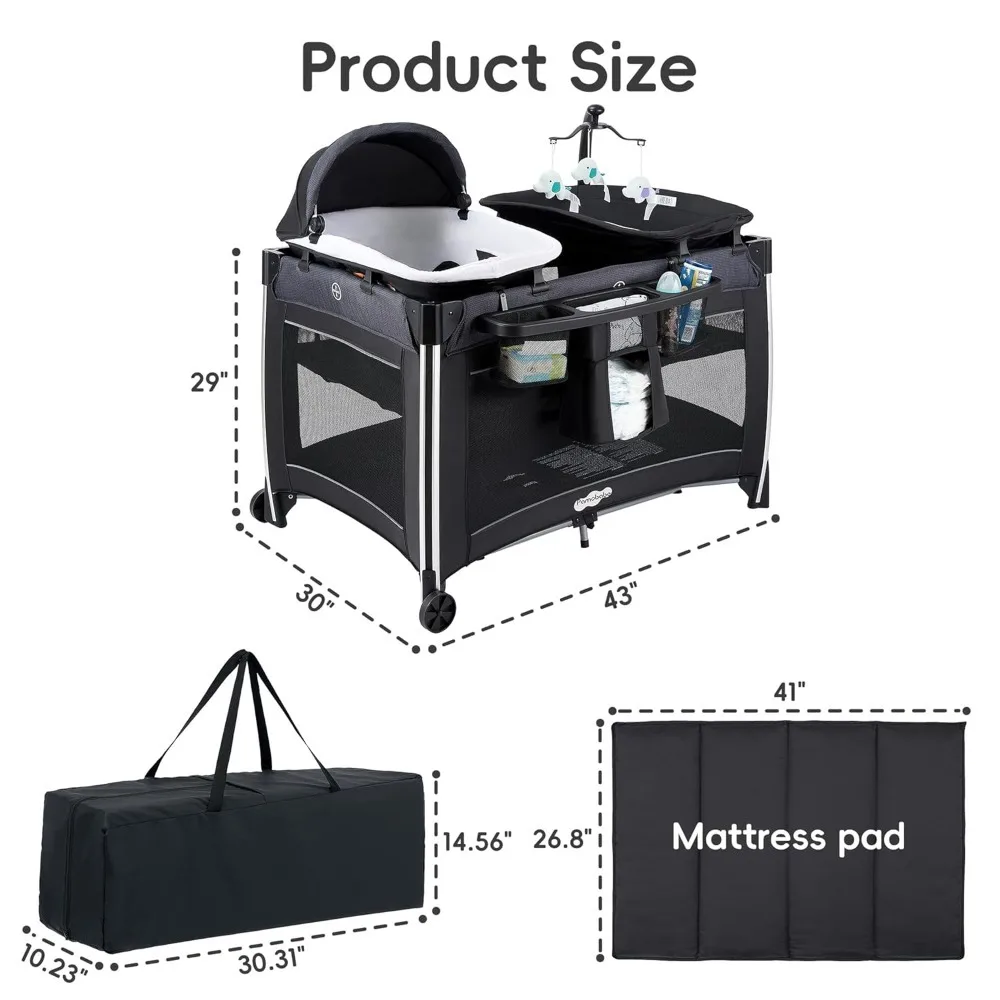 4 in 1 Baby Playpen with Bassinet Changing Station Portable Crib Breathable Mesh Net Safety Side Walls and Detachable Hanging 2