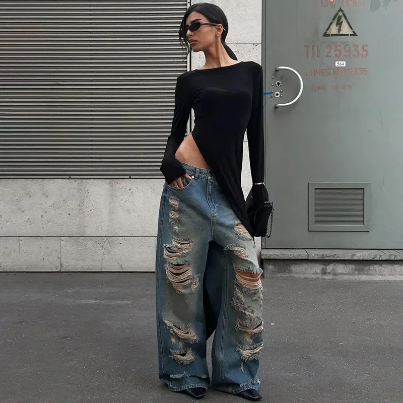 Zwarte asymmetrische maxi-jurk voor dames O-hals met lange mouwen Trendy chique top Club Party Hoge zijsplitjurken Herfst 2024