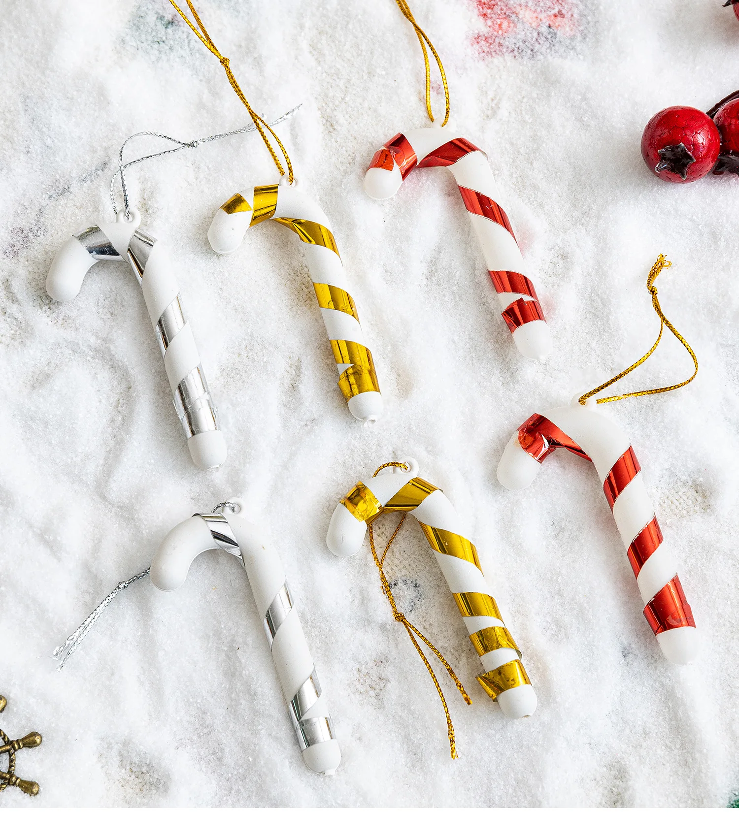 

【6pcs Christmas Candy Cane Decor】Glossy Red White Striped Ornaments in Silver White Gold White for Xmas Tree Home Party