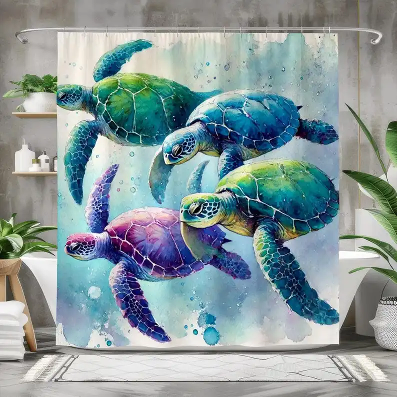 Sea Turtle Shower Curtain, Waterproof Fabric Bath Curtain, Colorful Ocean Theme Bathroom Decor, Artistic Marine Life Design