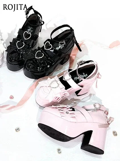 Sweet Lolita Platform Mary Jane Shoes Ruffle Satin Bow Heart Rhinestone Double Ankle Strap Chunky Block Heel Kawaii Pumps