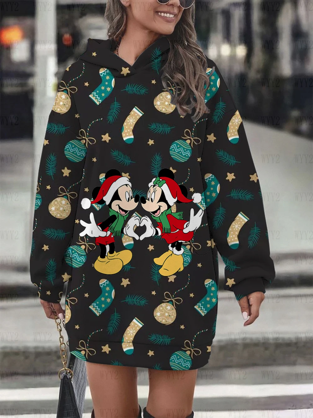 Disney Christmas Snowflake Mickey Mouse Versatile Printed Top Pullover Hooded Women\'s Sweatshirt Printed Casual Street Loose