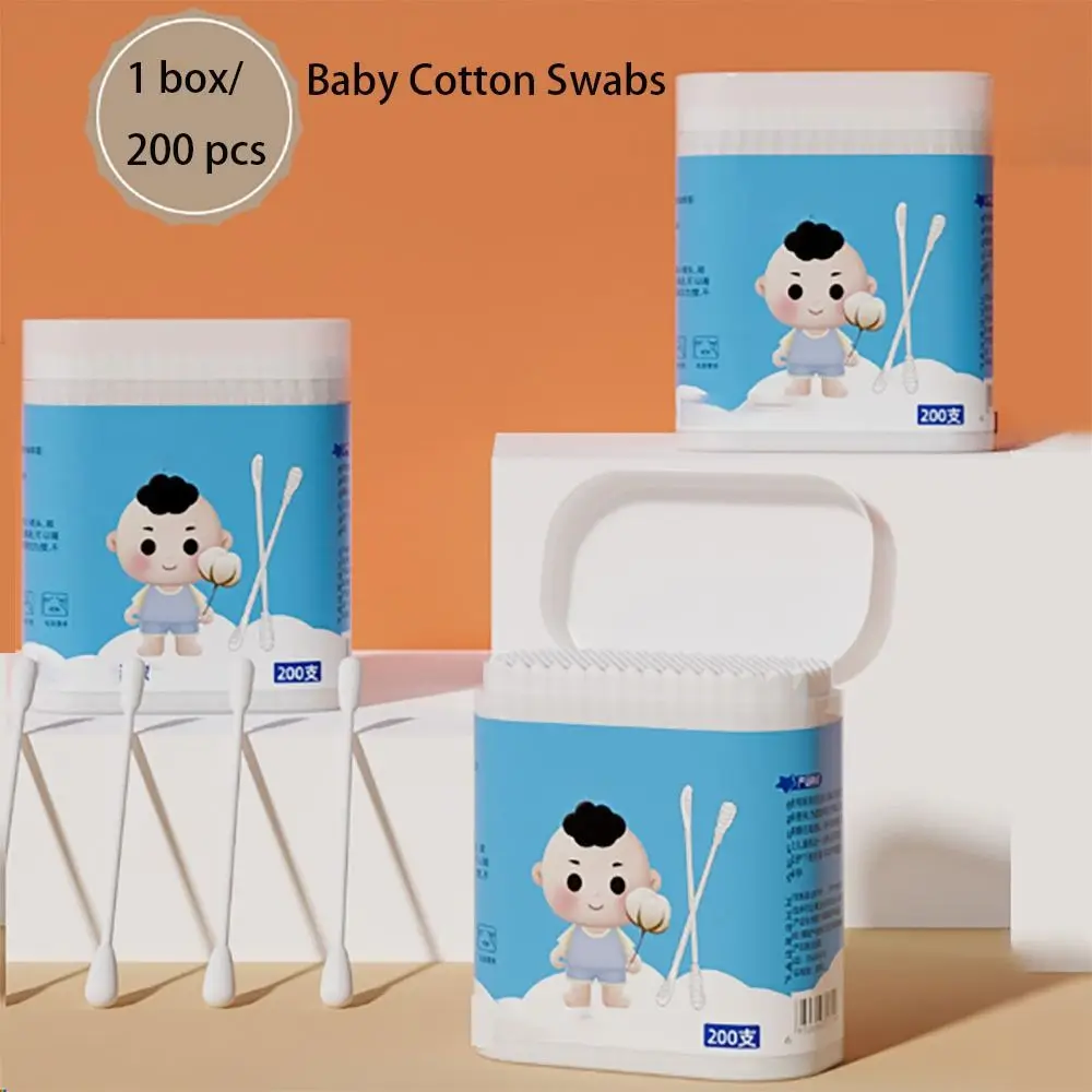 

200 pcs Comfortable Dual Tips Baby Cotton Swab Extra Thin Stem Degreasing Cotton Ear Wax Spoon Scoop Spiral Nose Young Children