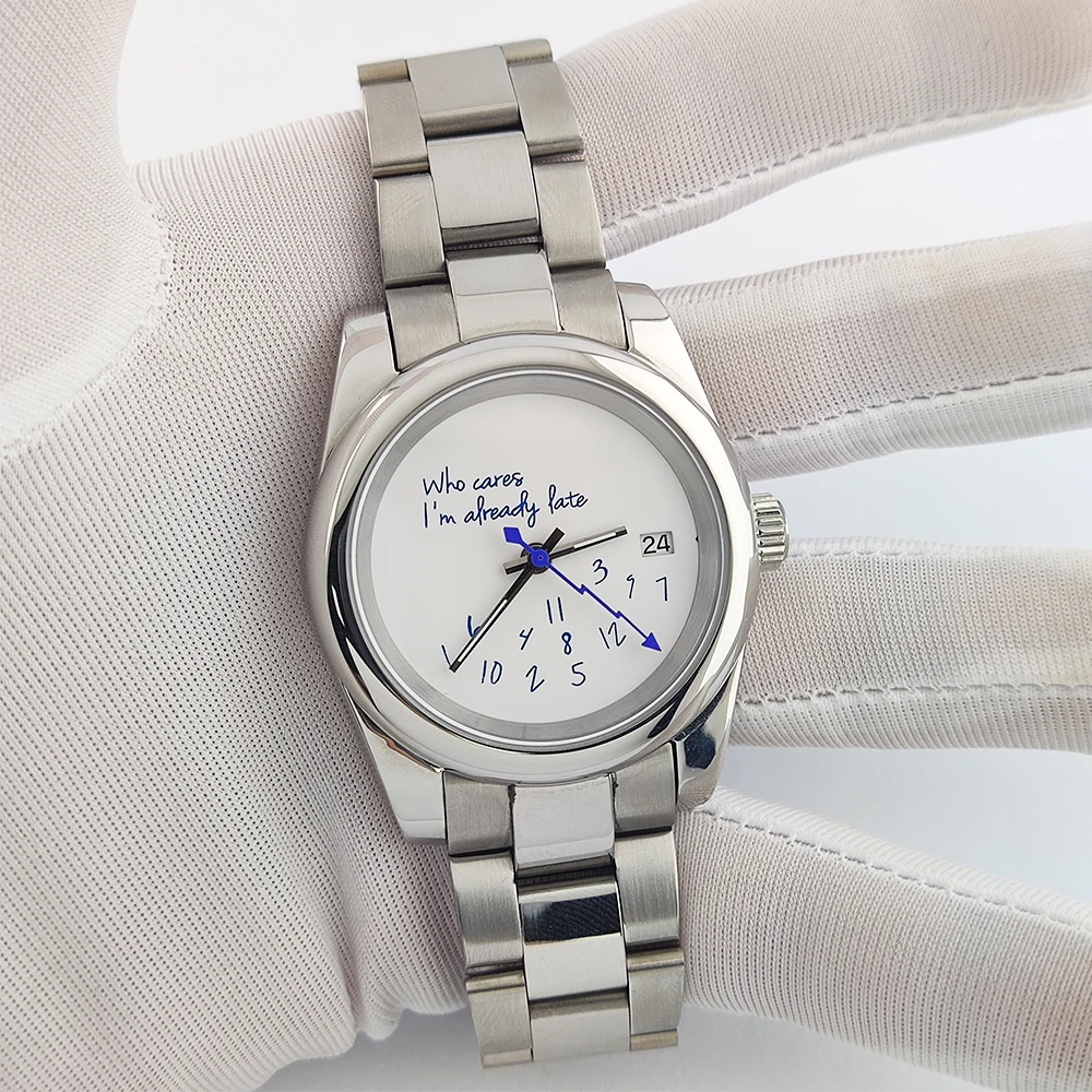 NH35 Watch 36mm/39mm Who cares im already late Watch Blue Text Dial No Logo Oyster Case Sapphire Crystal Glass Waterproof