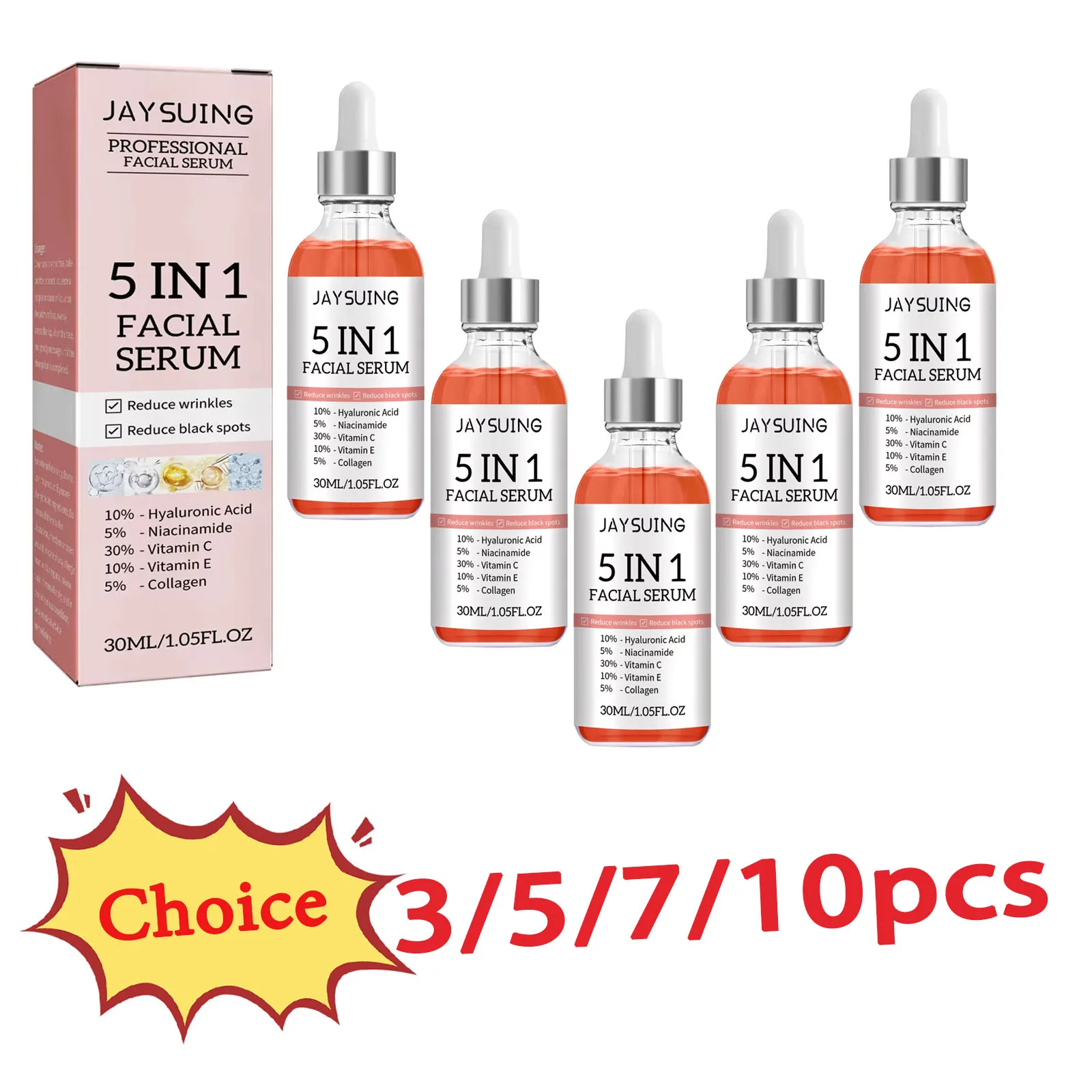 

5 In 1 Hyaluronic Acid Face Serum Moisturizing Vitamin C Collagen Lightning Facial Serum Fade Fine Lines Shrink Pores Skin Care