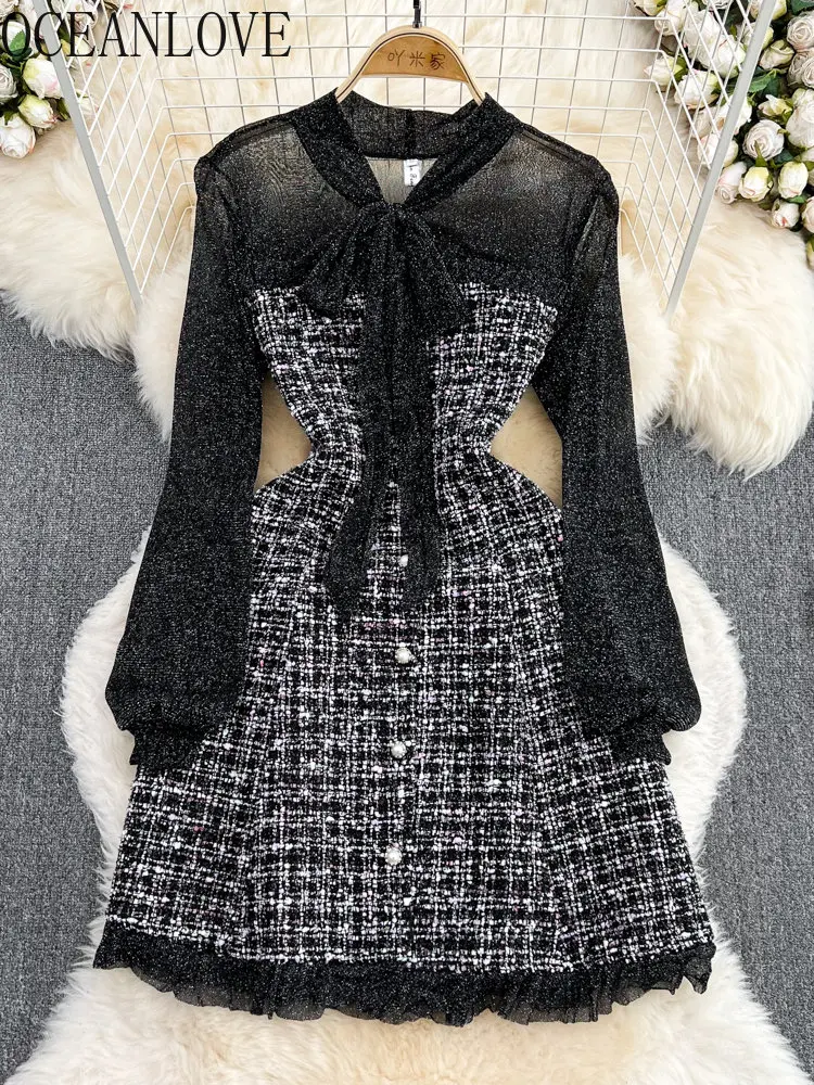 OCEANLOVE Tweed Ruffles Elegant Vestidos De Mujer Patchwork Autumn Winter Bow Women Dresses Vintage Sweet Mini Dress Korean