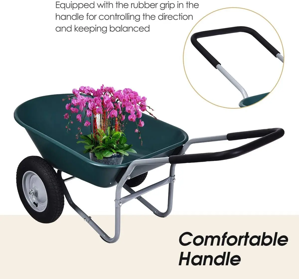 Carretilla de doble rueda, carrito de jardín resistente, carrito utilitario de capacidad de 330 libras con dos neumáticos de 13 pulgadas para la ley al aire libre