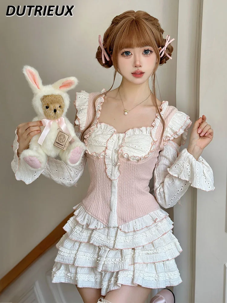 Sweet Girl Square Collar Long Sleeve Slim-Fit Tops Cute Princess Cake Puff Short Skirt Spring and Summer Two Piece Set