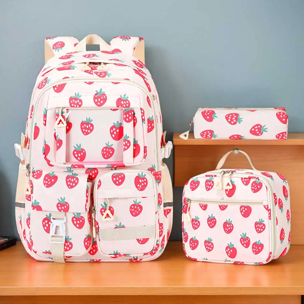 3 Pcs Set Lightweight School Backpack with Lunch Bag Pencil Case Multi-Pocket Bookbag for Elementary Middle School Student Girls