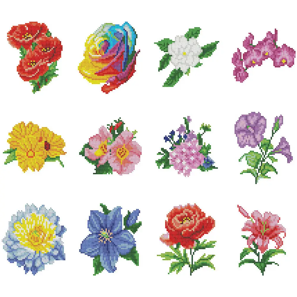 EverShine 12-teiliges MINI-Diamant-Malerei-Set mit einem Set zum Selbermachen, runder Bohrer, Mosaik, Rose, Pfingstrose, Stickerei, Blumen-Schreibtischdekoration