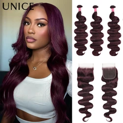 UNice Hair Black Cherry Body Wave Human Hair Bundles 2/3/4 PCS With 1PC Free Part 4x4 Inch Lace Closure