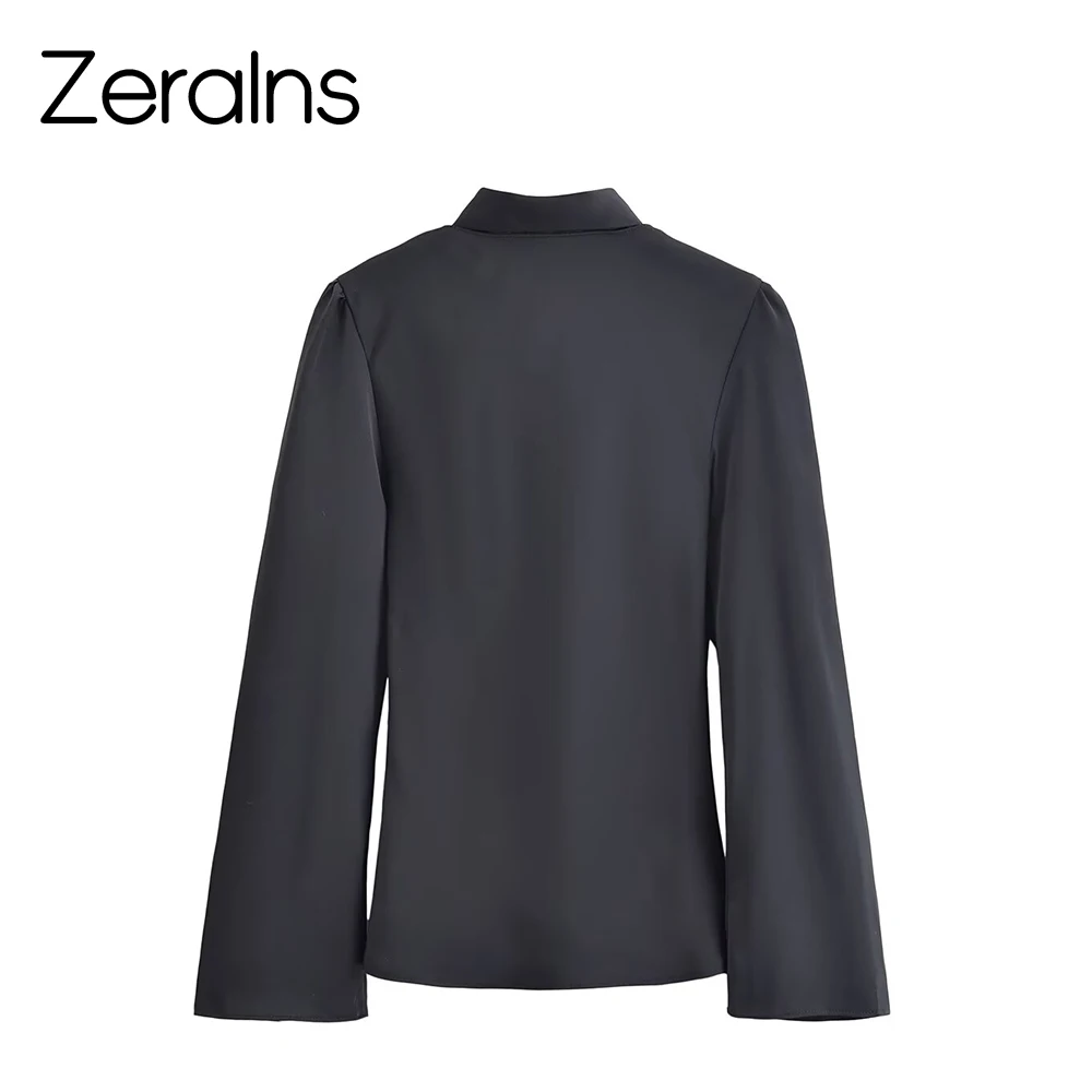 ZERAINS Winter neue Damenbekleidung, französisches Design, schmale Passform, V-Ausschnitt, langärmeliges Seidenstruktur-Schalhemd