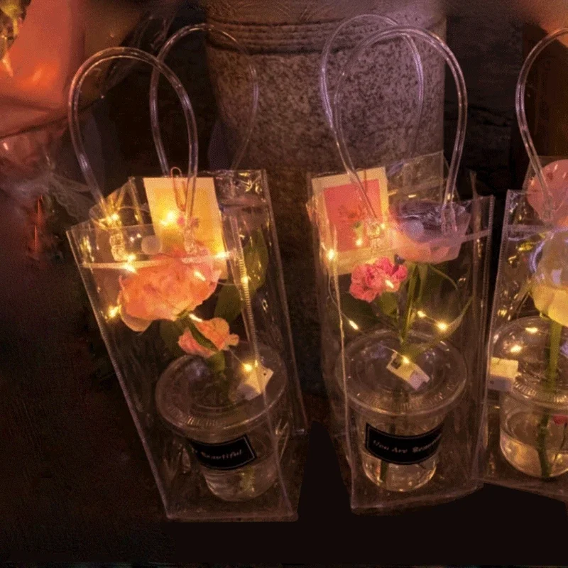 PVC flower bag stall flower bag transparent tote bag diy simple cup flower single flower shop packaging - Detail 1