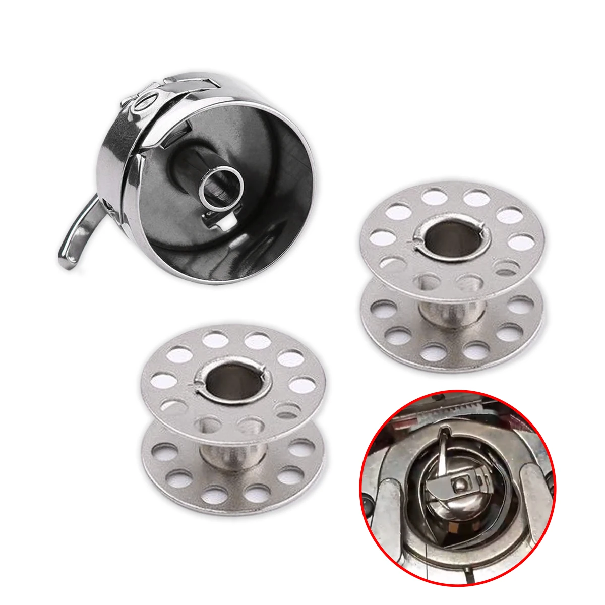 3 pezzi in totale vecchi accessori per macchine da cucire, custodia per navetta per la casa bobina butterfly Bee marca flying man pedale bobbin case