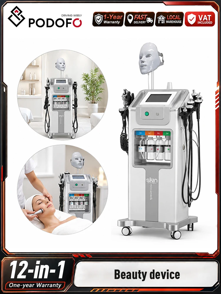 Podofo 12-in-1 Weiße Perlen-Mikroblasen-Schönheitsmaschine, Multifunktionales Hydro-Dermabrasions-Sauerstoffstrahl-Hautpflegegerät, Gesichtspeeling- und Exfoliationsmassagegerät,